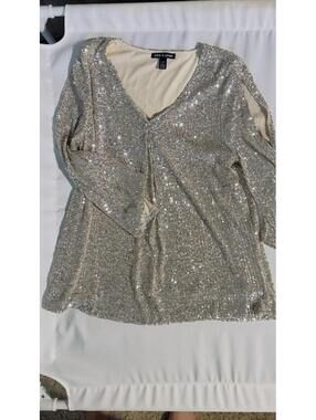 Cable & Gauge Sequin Blouse Women Size L Silver Sparkly V-Neck Flare Sleeve